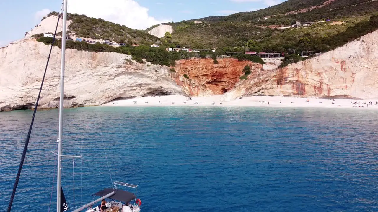 People Relax at Luxury Yacht at Porto Katsiki Beach Lefkada Greece Aerial