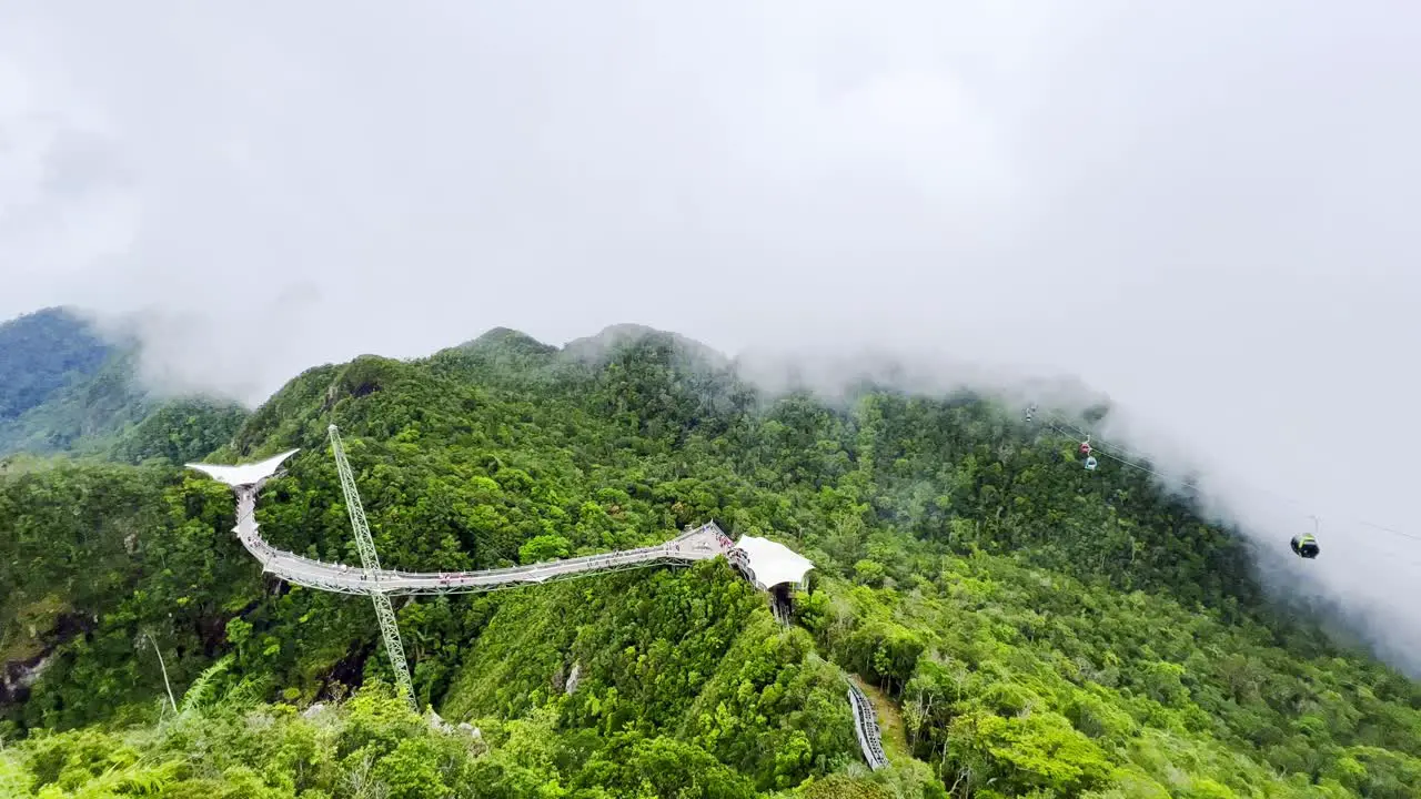 Areal shot that captures both rope way and walk way over the mountains of Langkawi