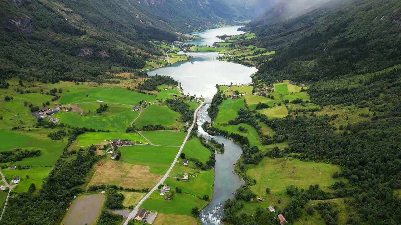 Olden River to Oldevatnet in Norway Green Valley Nature Landscape in Nordfjord Vestland Norway Scandinavia Aerial