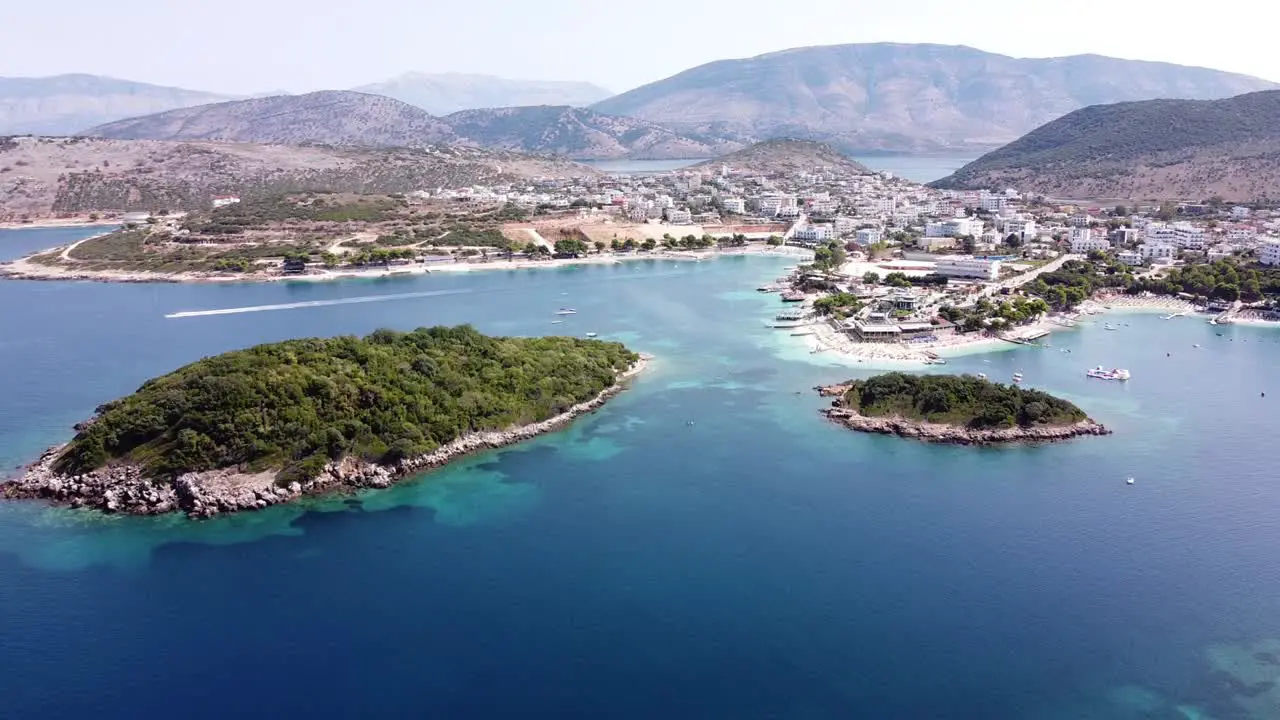 Ksamil Islands and Cityscape Albania Aerial of Popular Holiday Destination