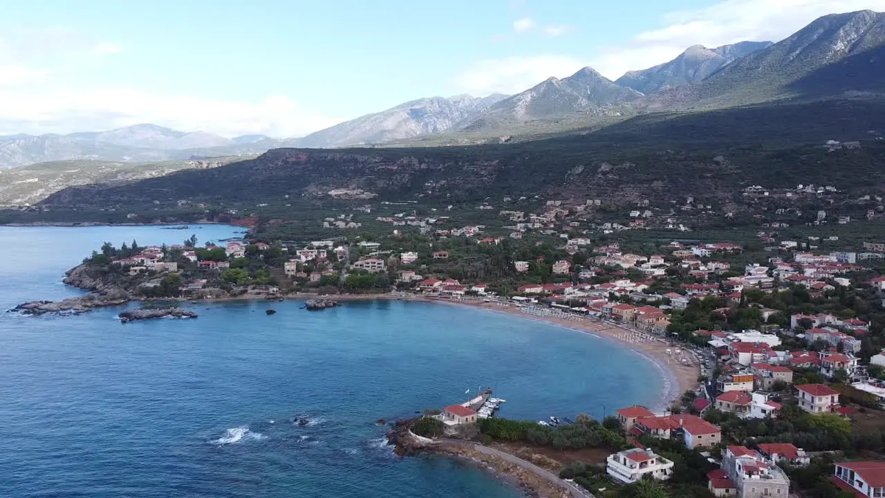 Stoupa Beach Town during Late Summer at Peloponnese Greece Aerial Forward