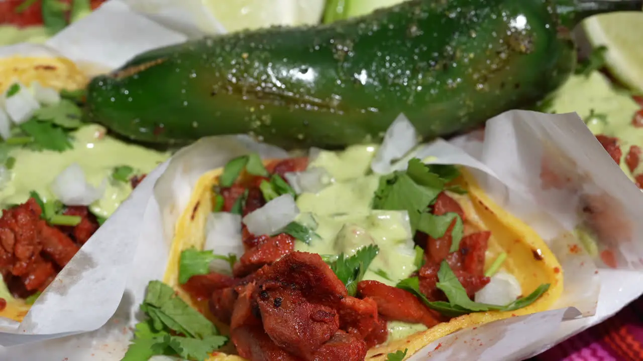 Pork taco platter with fried chili close up food truck series