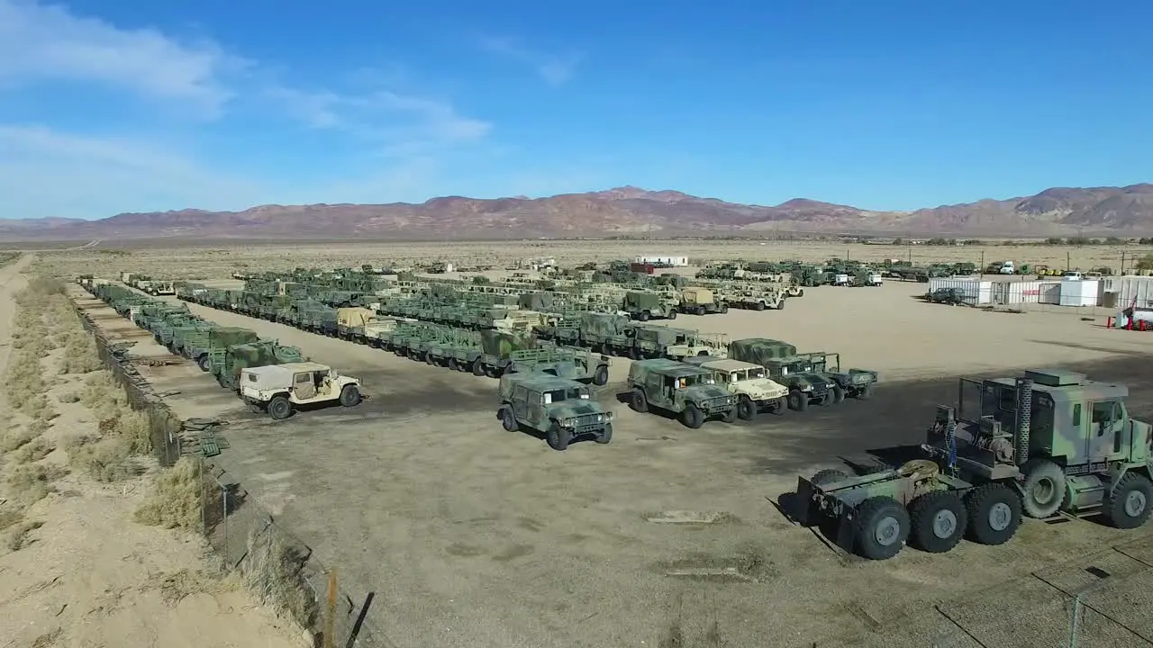 Aerial over a military vehicle storage depot