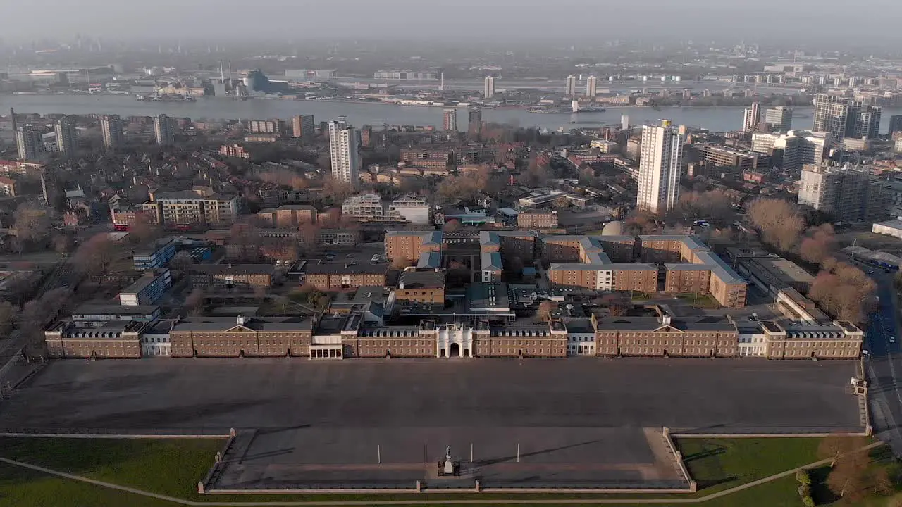 Overhead Aerial of Royal Artillery Barracks River Thames and London Skyline