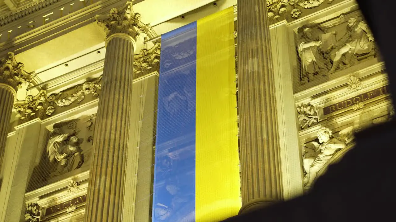 National Flag of Ukraine on Museum Building in Downtown Prague Support for Ukrainian People After Russian Invasion and Military Actions