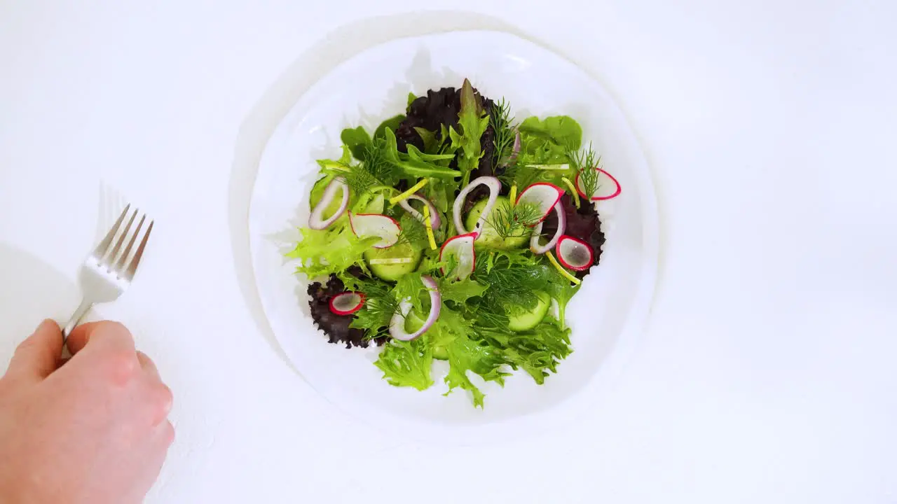 A Beautiful Overhead Product Staging Top Down Chef Created Garden Lettuce Turnip Salad Meal is Assembled on a White Backdrop Food Photography Table with Glassware and Silverware