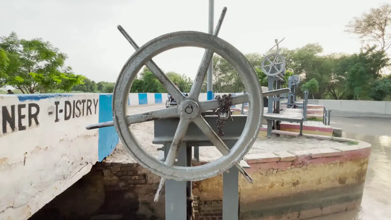 Water Spillway Valve Wheel To Lift Dam On Indus River In Hyderabad Sindh