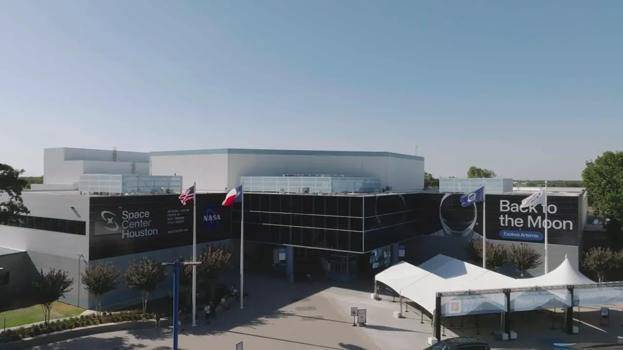 Aerial drone view of Independence Plaza Visitors Center at Space Center Houston in Houston Texas