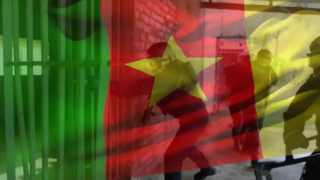 Animation of flag of cameroon over diverse male counter terrorists with weapon