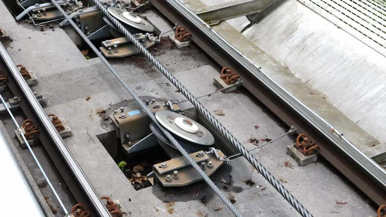 Cable Car Pulley System on Funicular Railway Track Close Up