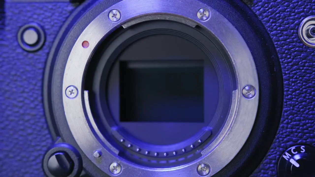 A close up shot of digital camera full frame sensor and lens mount