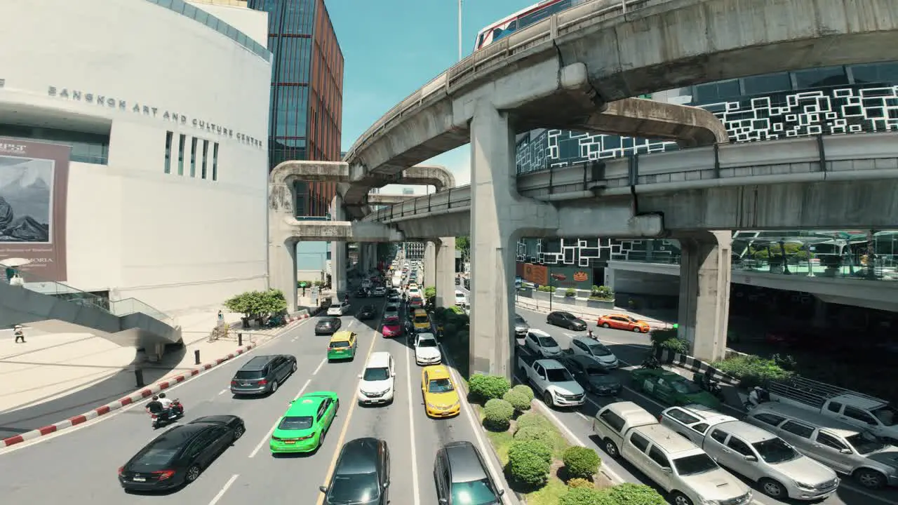 The bustling city of Bangkok comes alive in the daytime as towering skyscrapers and a vibrant urban landscape paint a captivating scene