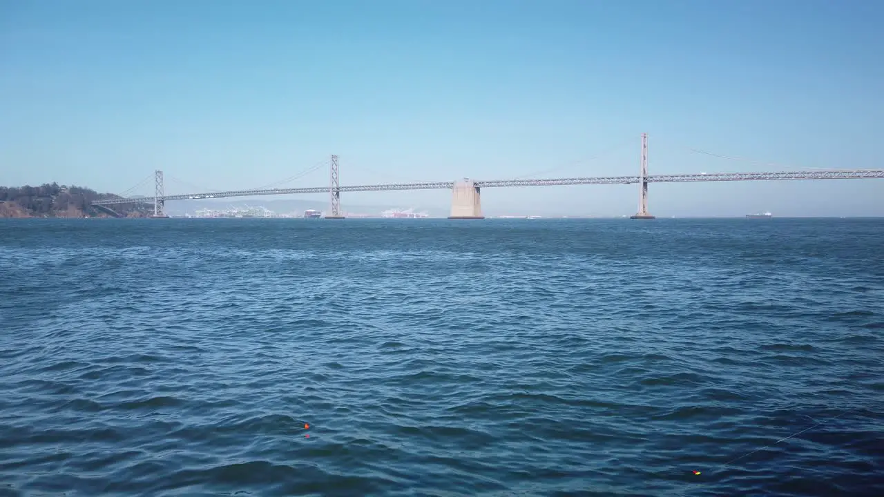 Gimbal wide static shot of the Bay Bridge in San Francisco California