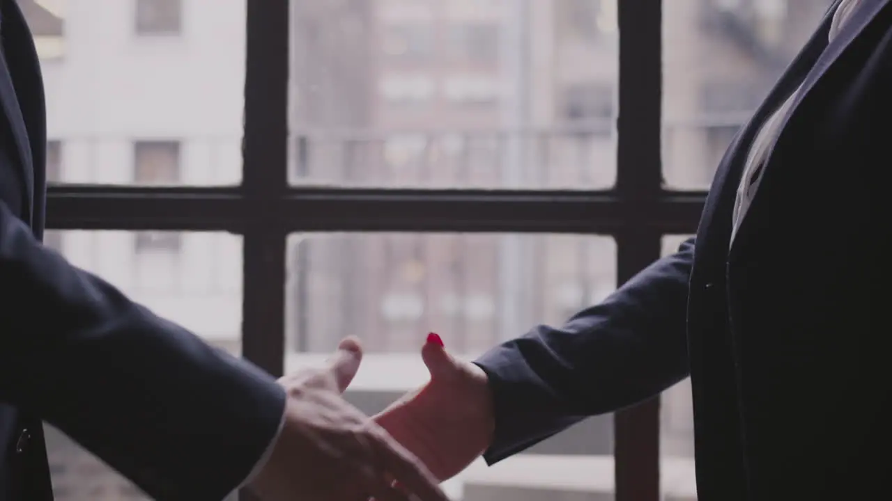 Two business professionals shake hands in front of a window