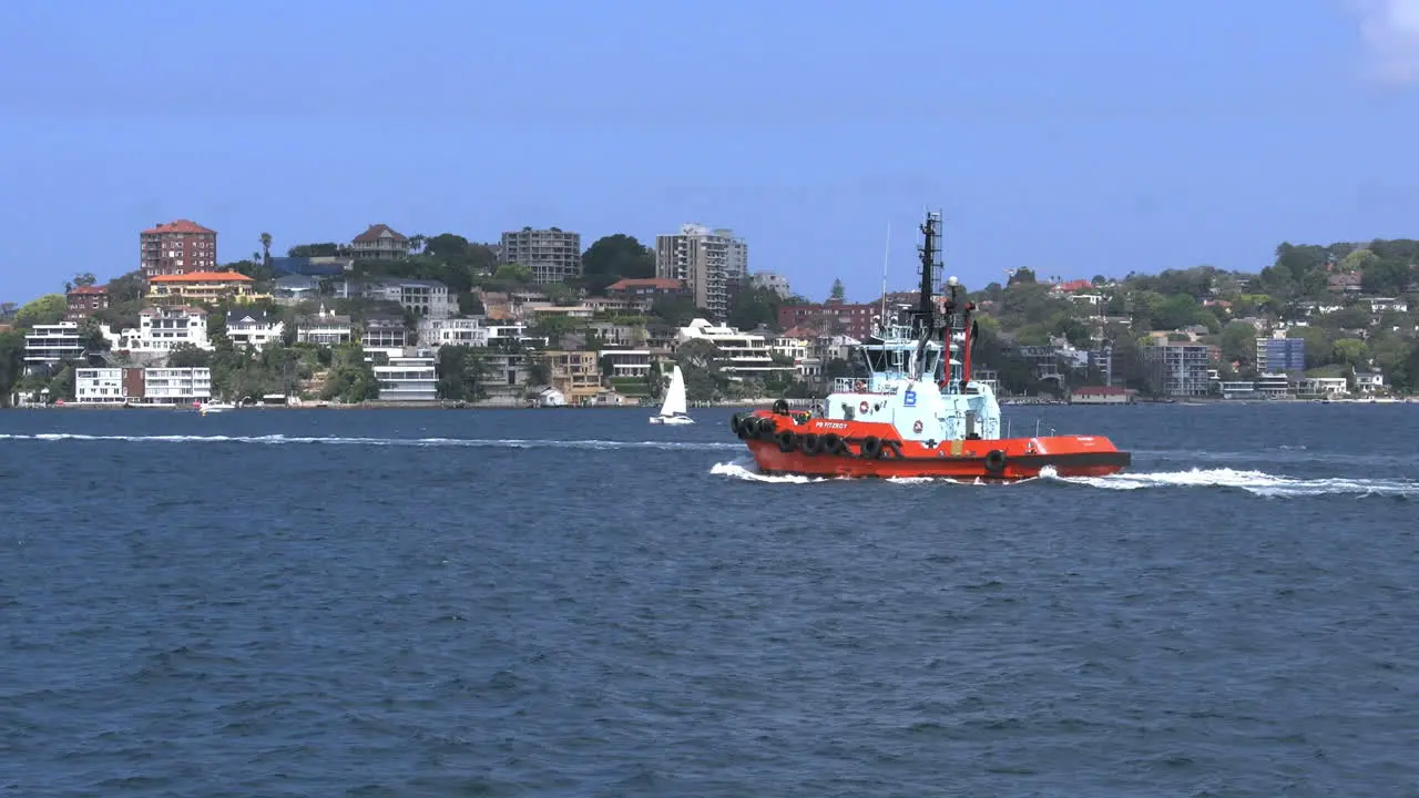 Australia Sydney Harbour With Tugboat Passing Suburb