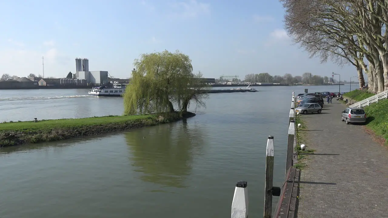 Netherlands Schoonhoven Barge And Willow And Walkway Time Lapse