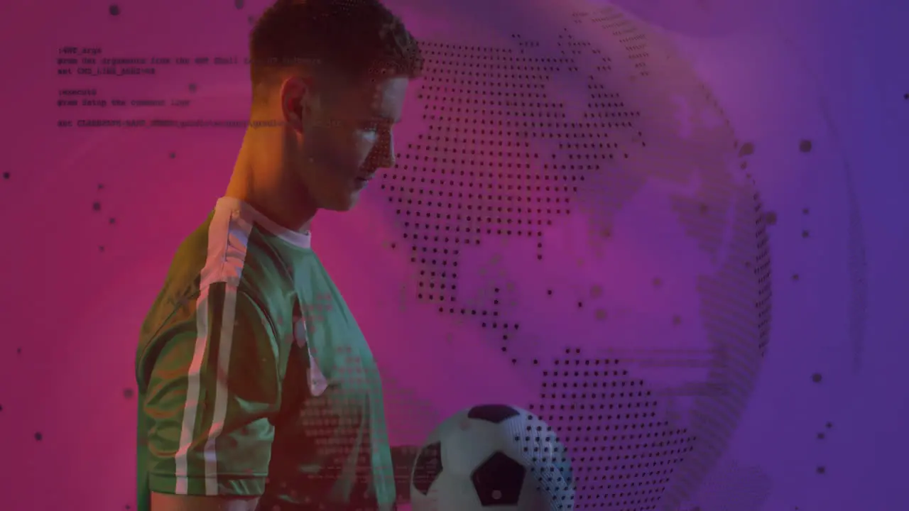 Animation of processing data and globe over caucasian male footballer playing with ball on purple