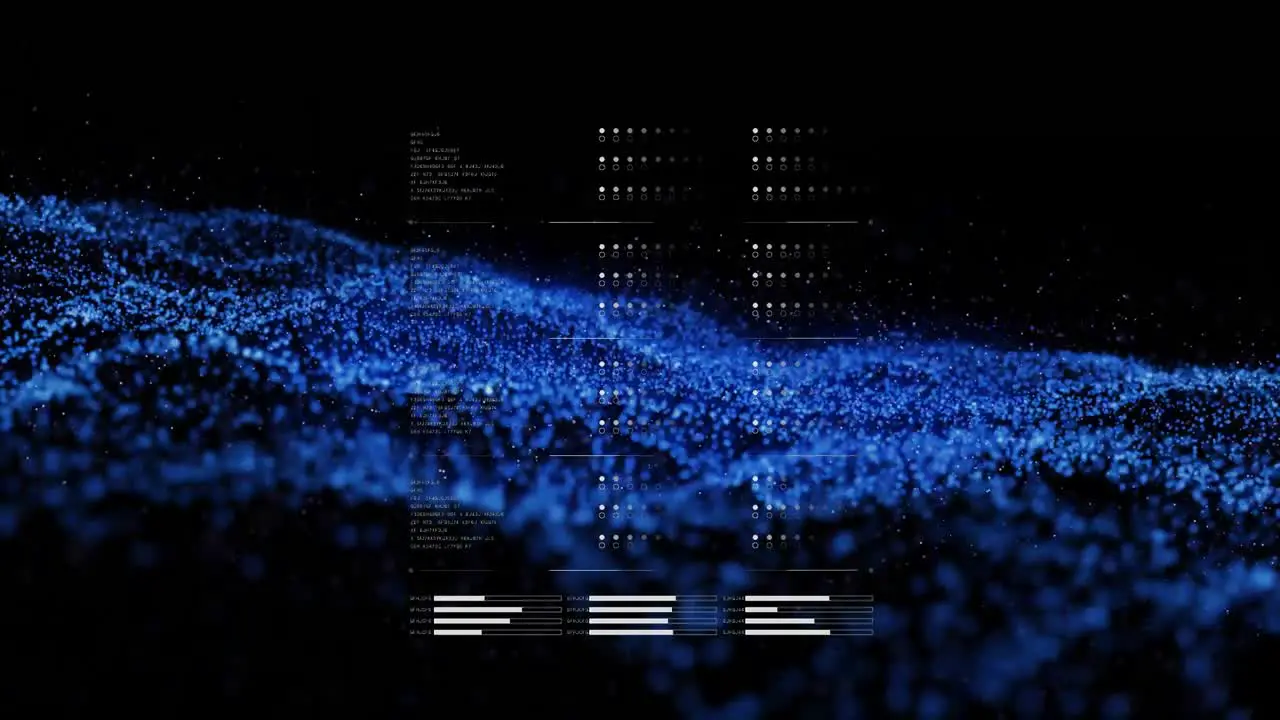 Animation of blue glowing mesh and data processing over black background