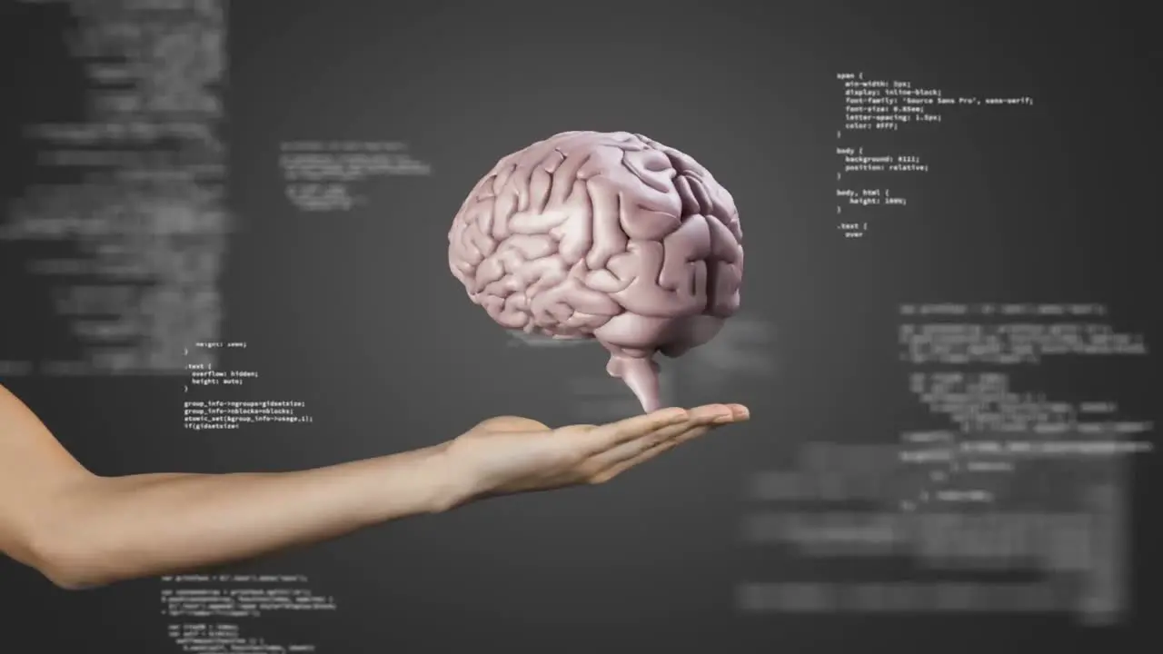 Animation of human brain and data processing over woman's hand