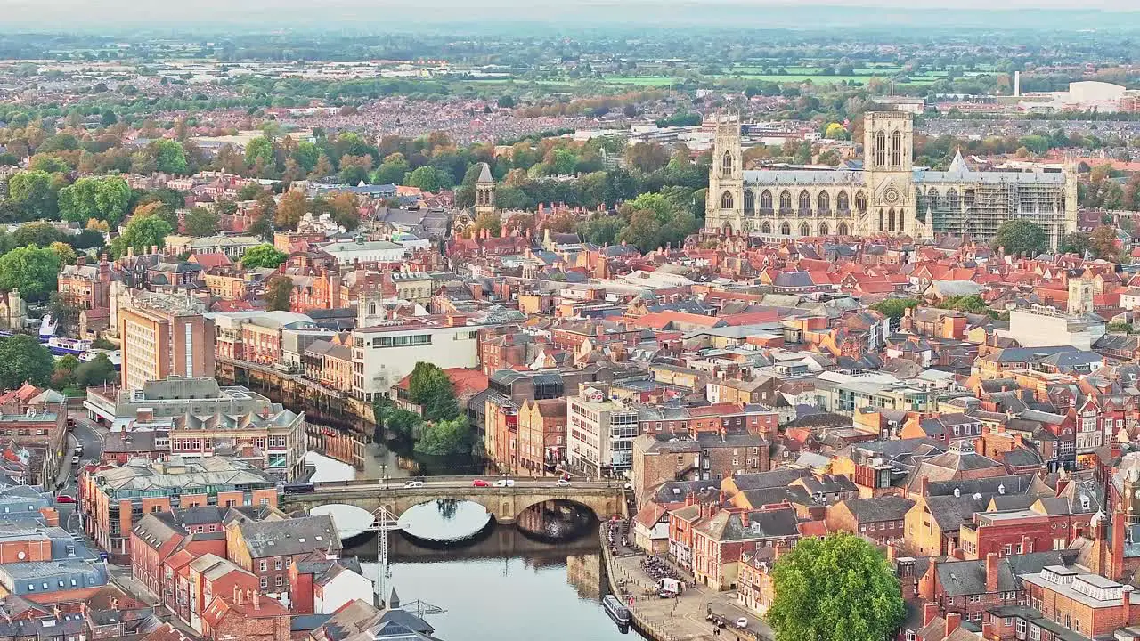 Beautiful drone shot York city in England with river and cathedral