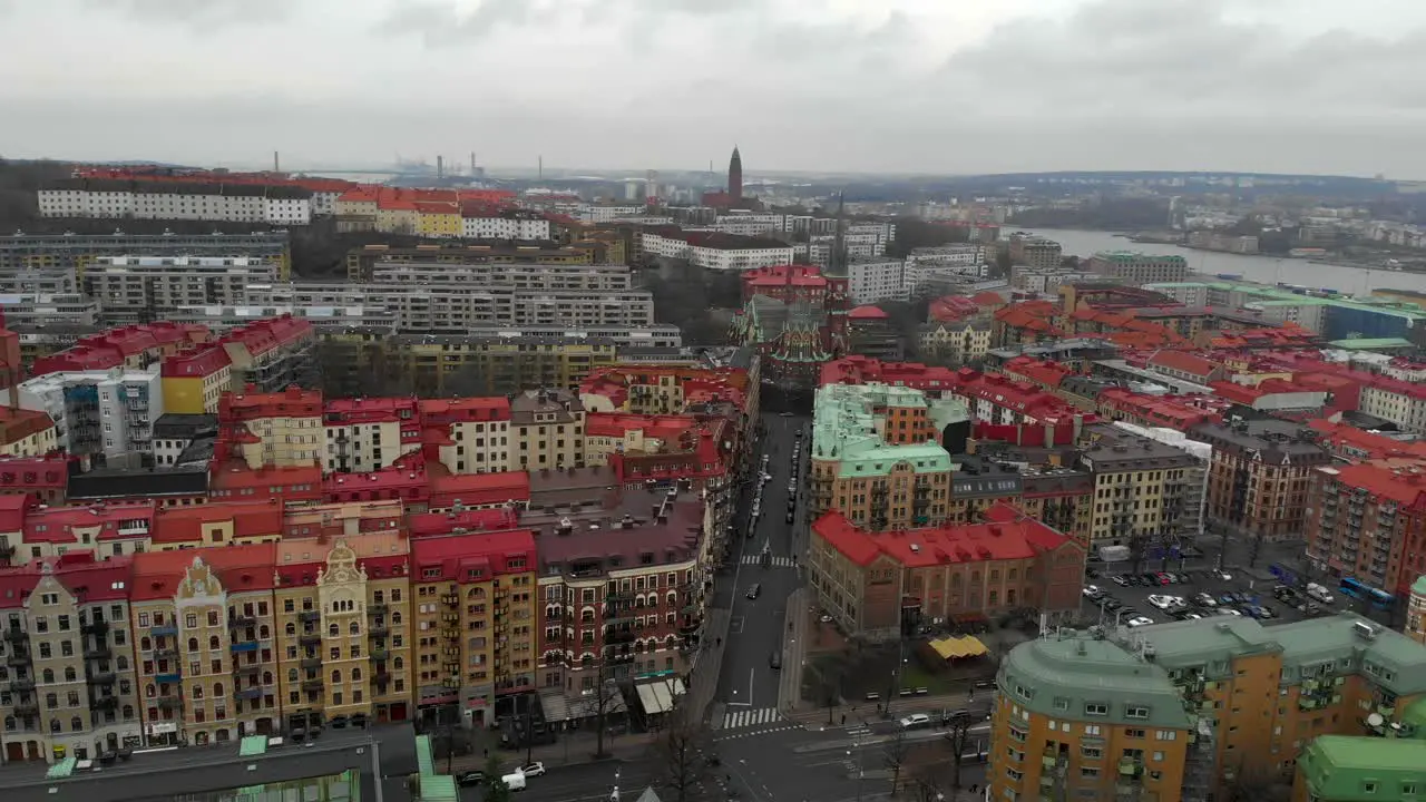 Aerial view of Gothenburg city with many colorful facade buildings