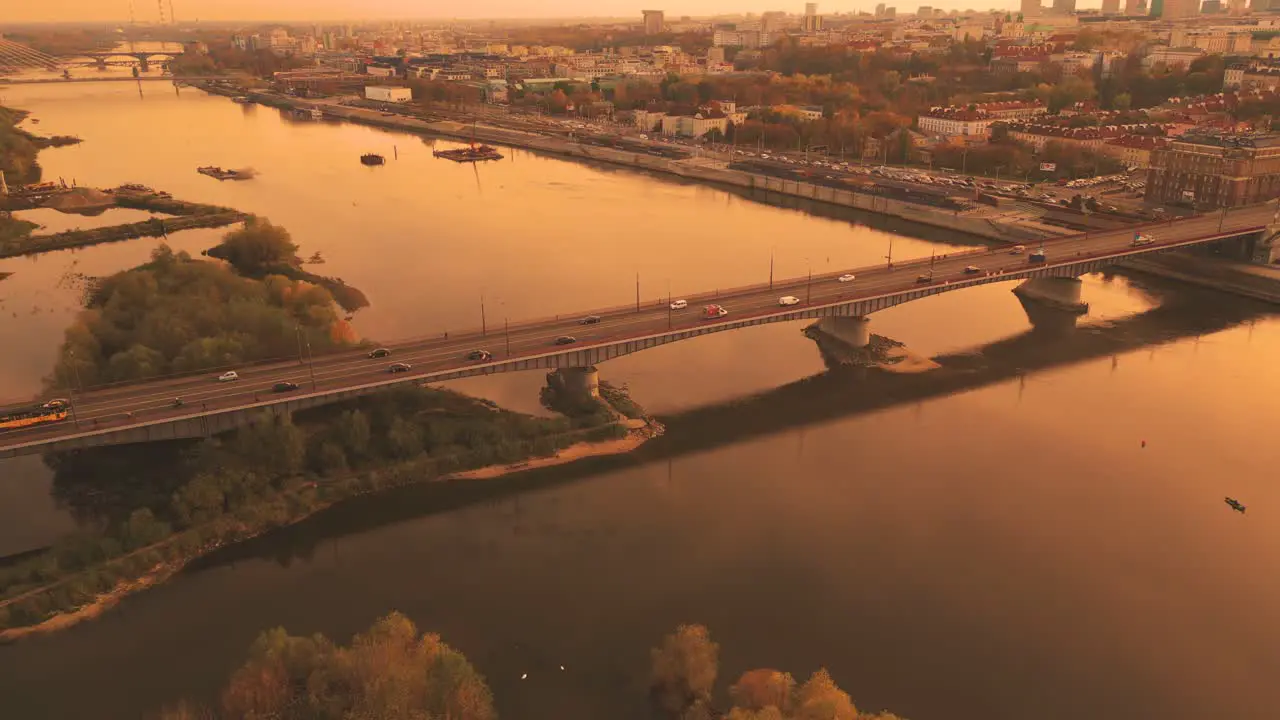 Beautiful panoramic aerial drone skyline sunset view of the Warsaw City Centre with skyscrapers of the Warsaw City and Warsaw's old town with a market square and a mermaid statue Poland EU