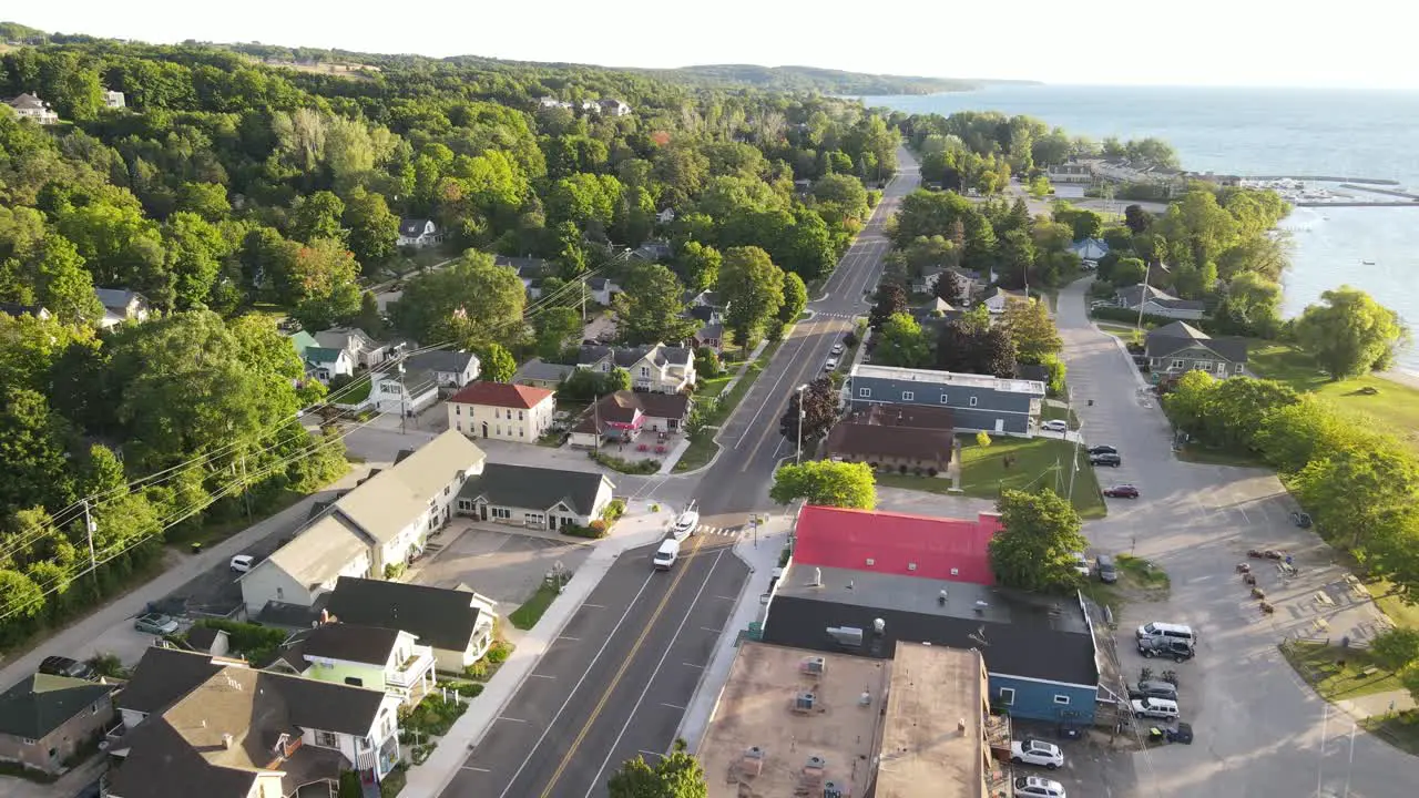 Iconic Suttons Bay downtown in Michigan aerial drone view