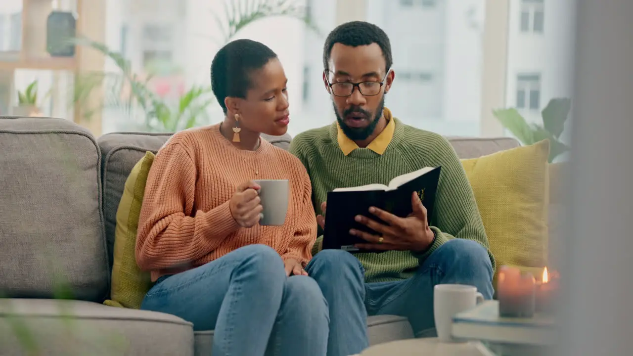 Home prayer or black couple reading a book