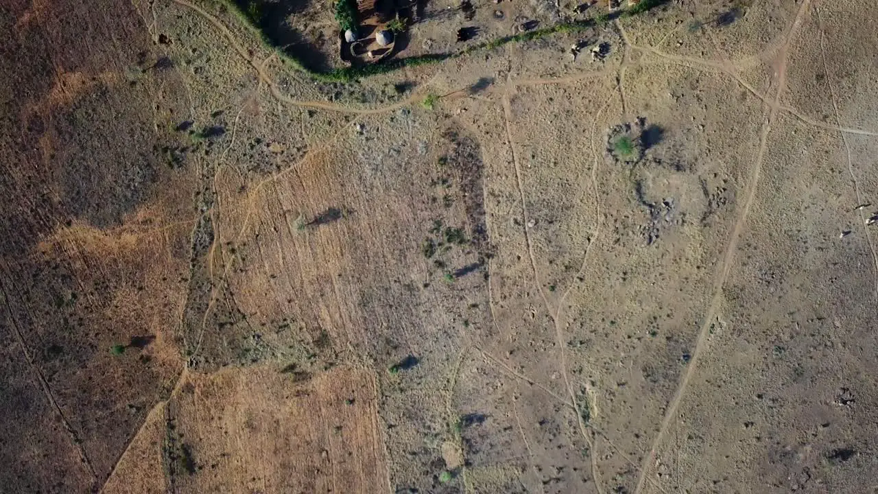 Aerial zenithal view of the Manyattas traditional houses of the Karamoja region of Uganda Africa