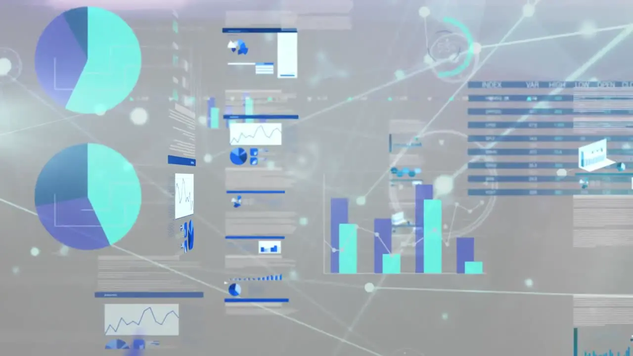 Animation of connected dots over multiple graphs with data against abstract background