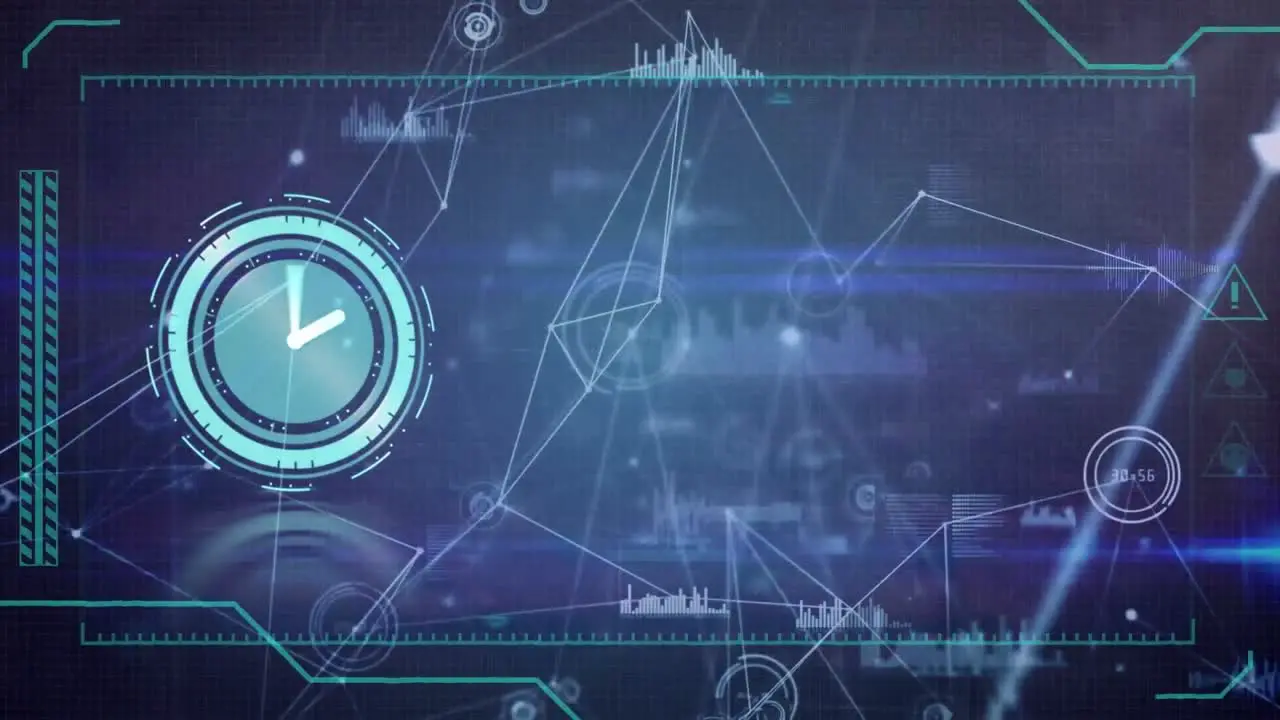 Animation of digital clock over connected dots with graph icons against abstract background