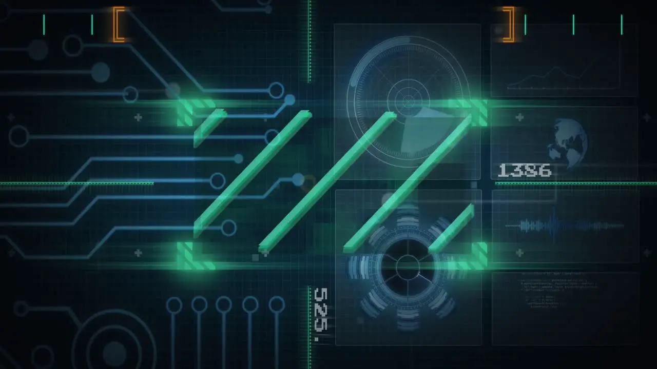 Animation of lines over circuit board pattern sonar radar and globe against abstract background