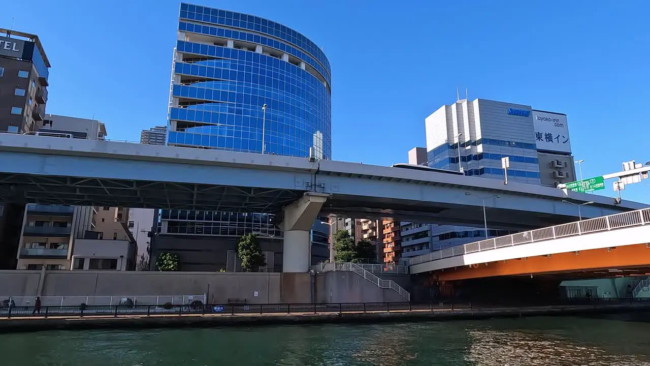 Tokyo waterfront view from the water blue sky day