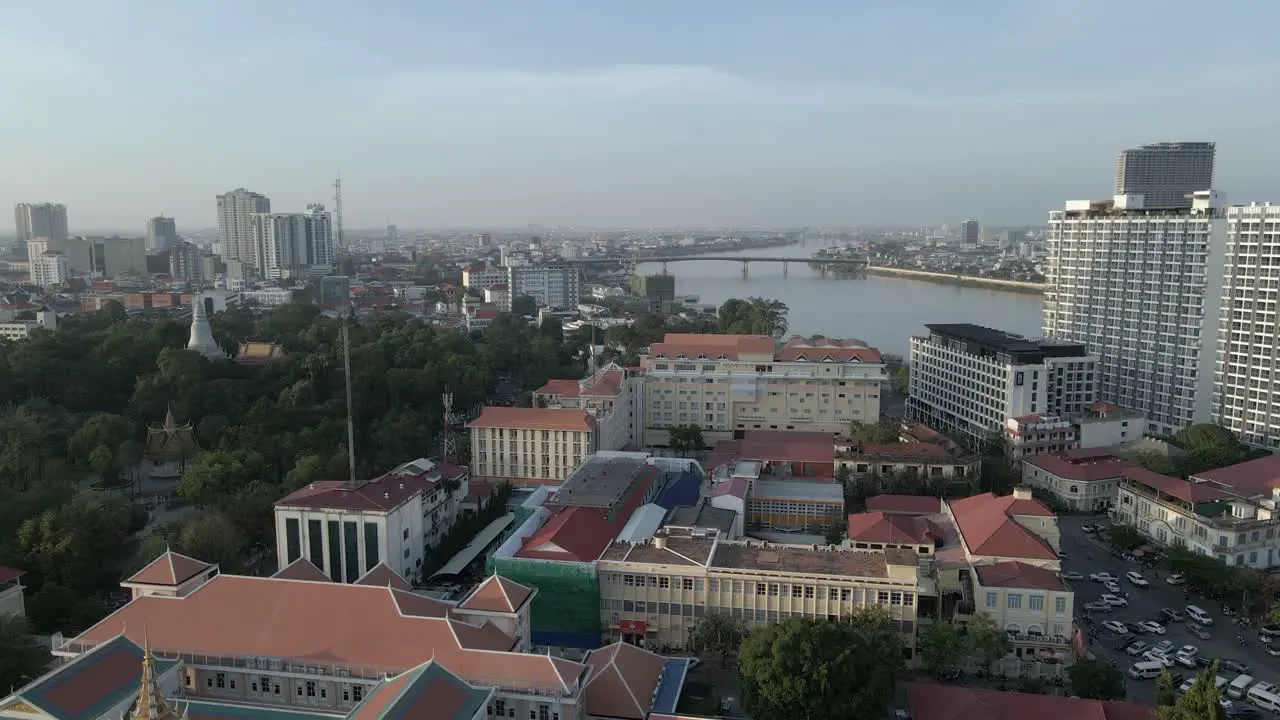 Low flight over government office buildings in Phnom Penh Cambodia