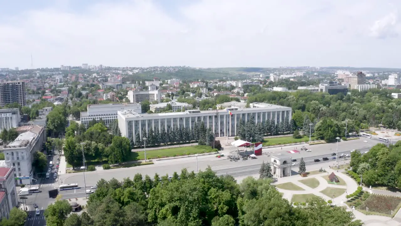 Tilt aerial view of Government House of Republic of Moldova Chisinau