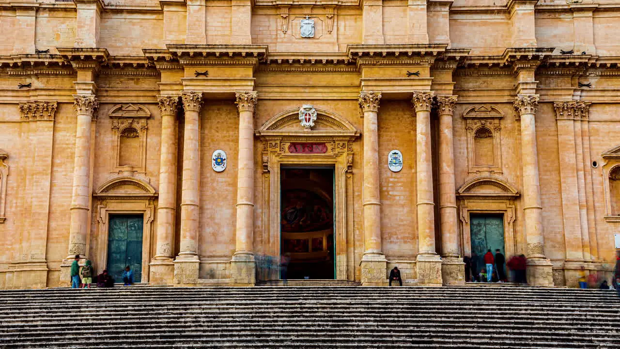 Entrance View Timelapse of Tourists Entering Palazzo Ducezio Sicily