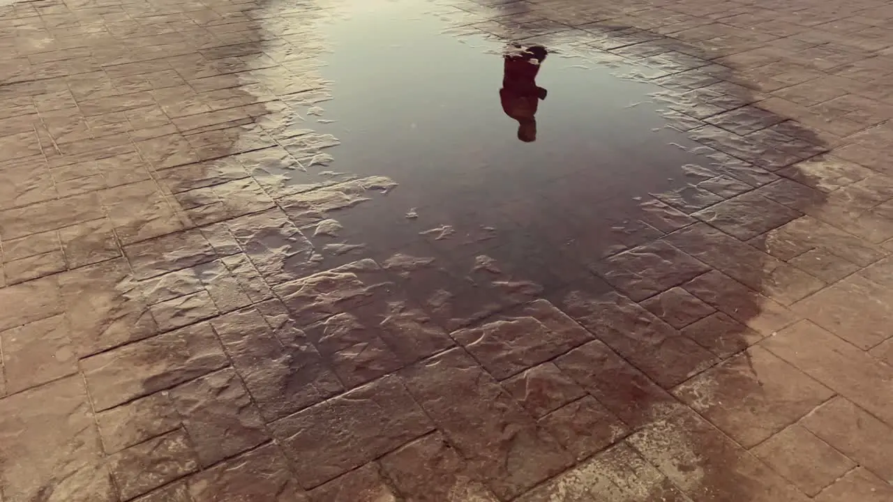 Slow motion shot of a jogger running on a walkway as reflected by a puddle of water