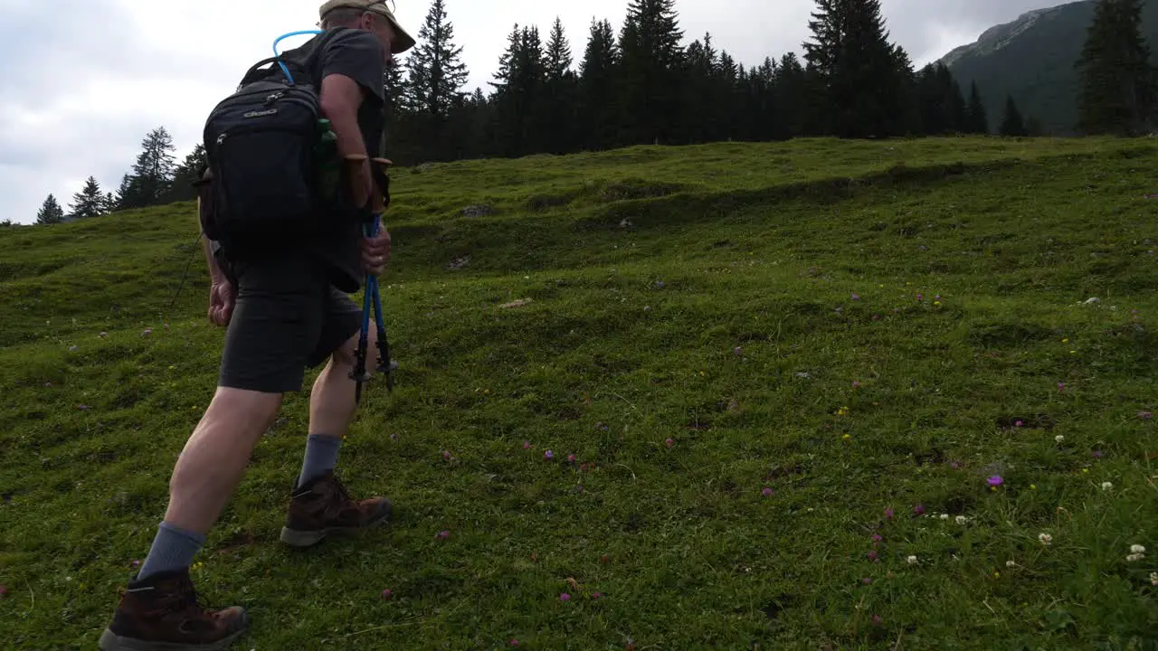 Man hiking walking up grass hill mountain in Austrian Alps