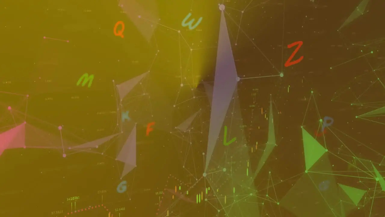 Animation of letters over connected dots and multiple graphs against abstract background