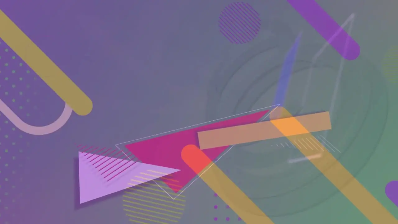 Digital animation of colorful abstract shapes moving against green and purple gradient background