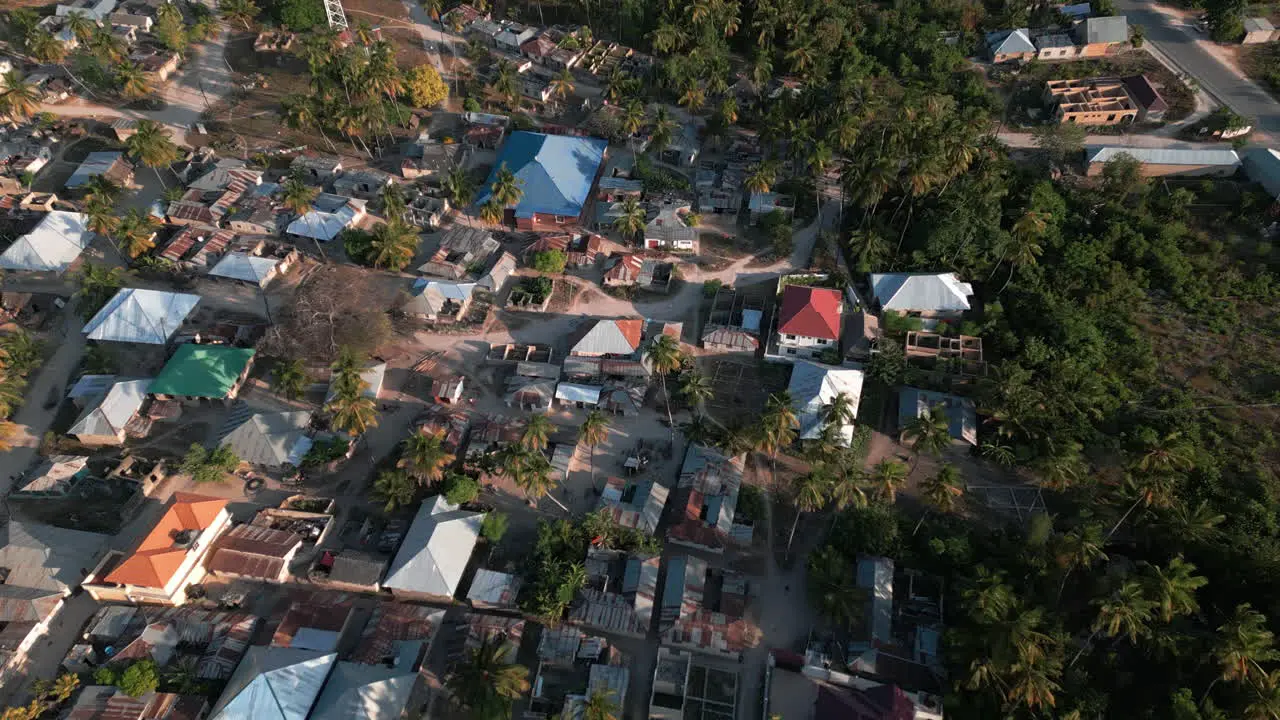 Drone shot of the streets and houses of Village in Zanzibar Tanzania