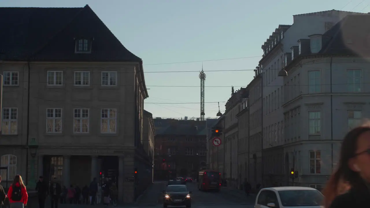 Copenhagen street scene with distant view of the Tivoli Gardens tower