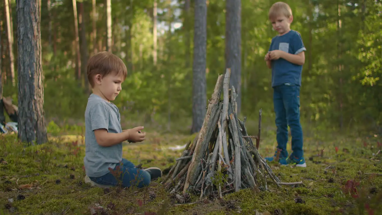 Two boys put sticks in a fire in the woods during a hike Boys in the woods prepare to light a fire and put sticks together