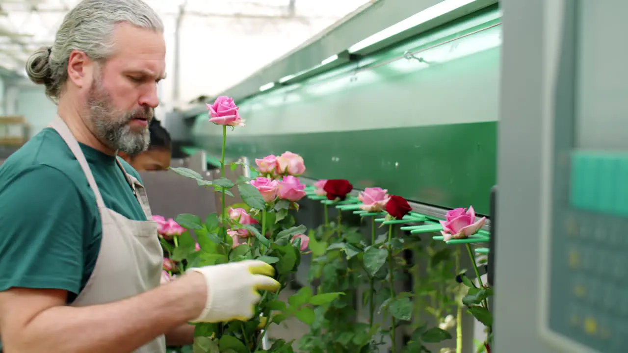 Männlicher Arbeiter Lädt Rosen Auf Blumenverarbeitungsmaschine