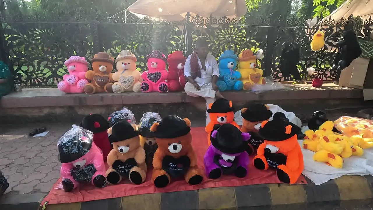 A shopkeeper is selling Valentine's Day teddy bear toys on Seat Road