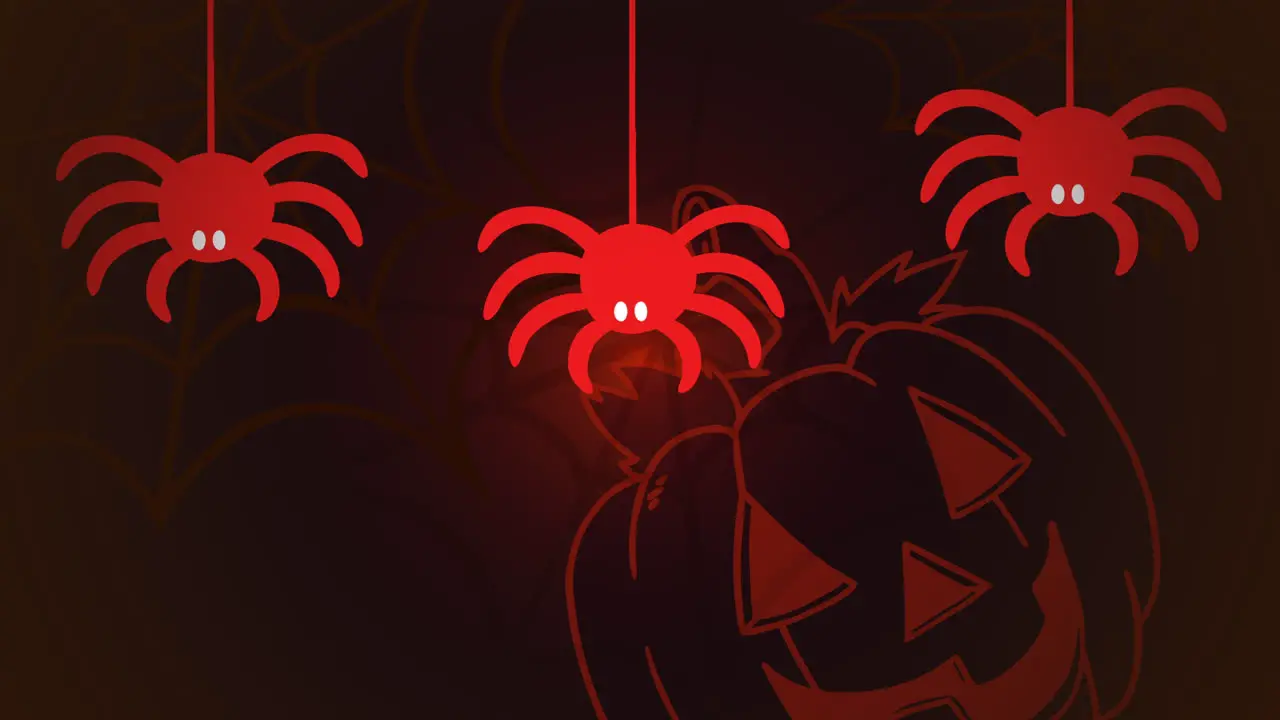 Halloween animation with spiders and pumpkin on red background