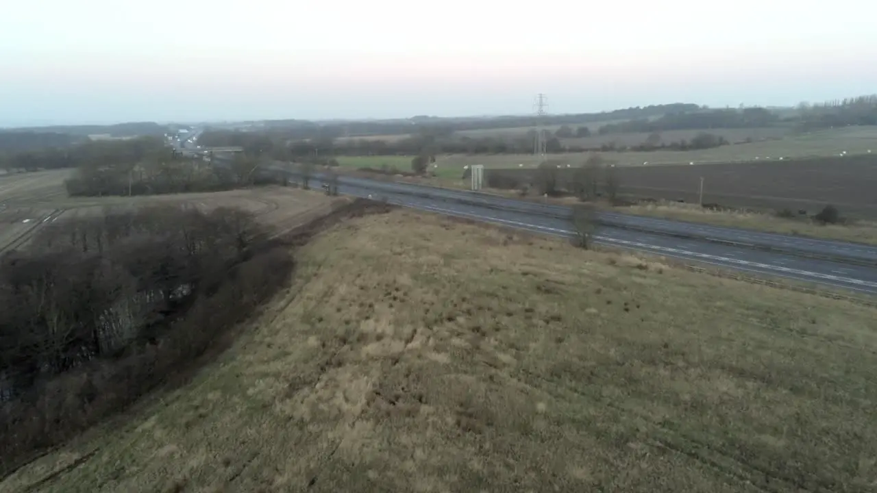 Aerial view overlooking M62 British motorway countryside