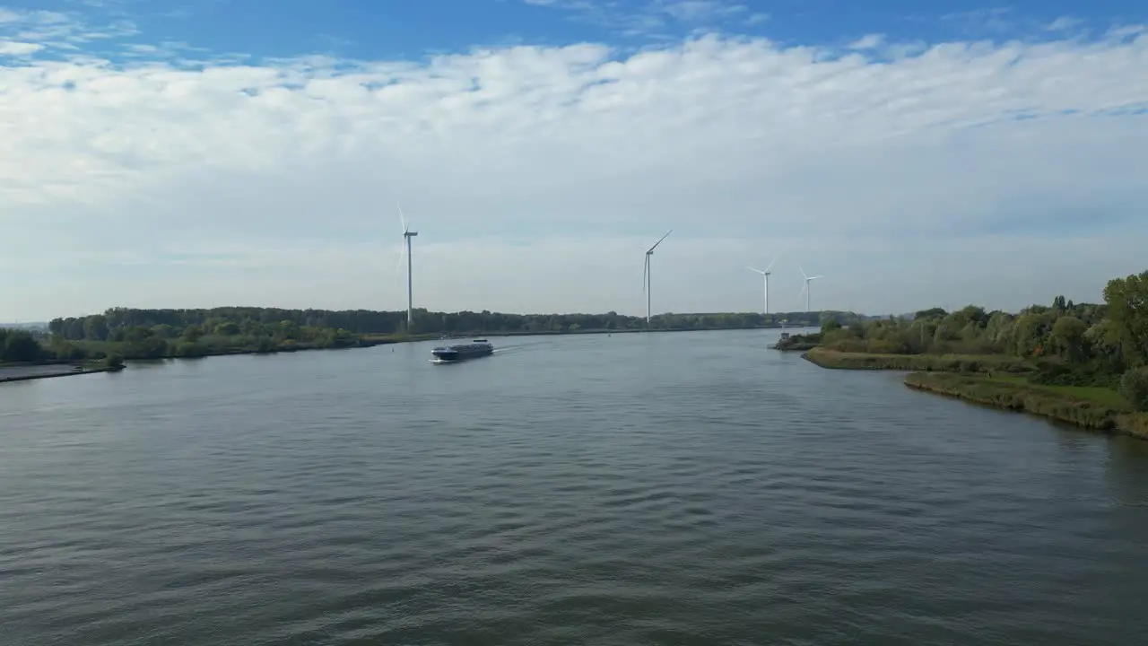 Aerial View Across Oude Maas with Approaching Comus 2 Inland Tanker With Windmills In Background