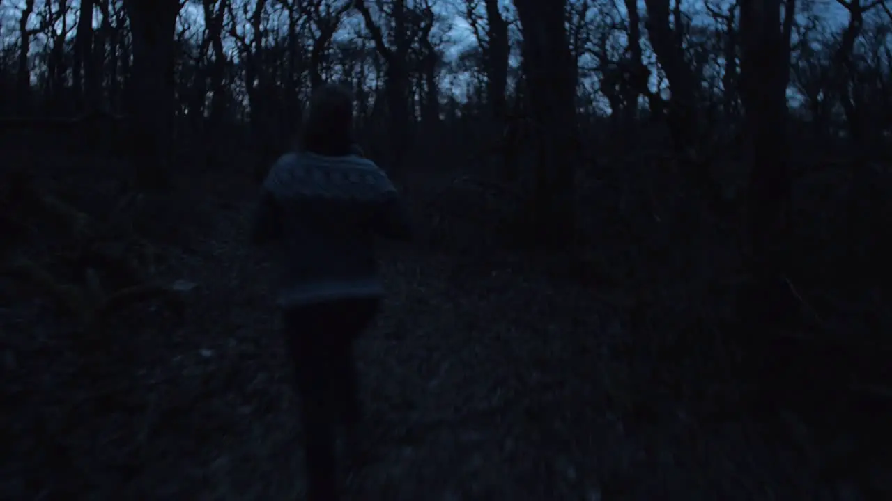 dark moody forest at night young woman being chased and running away camera movement camera following tracking dolly in on a steadicam gimbal stabiliser dark moody atmosphere