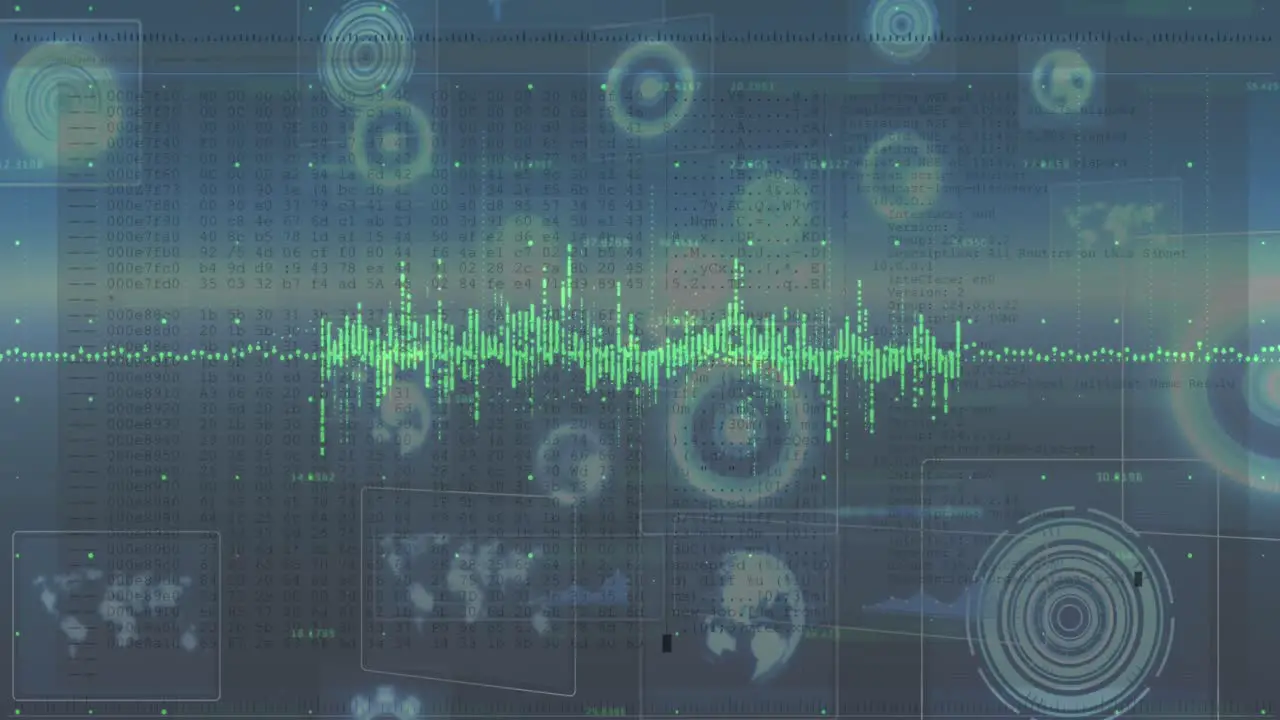 Animation of multiple graphs over radars circles and globes against abstract background